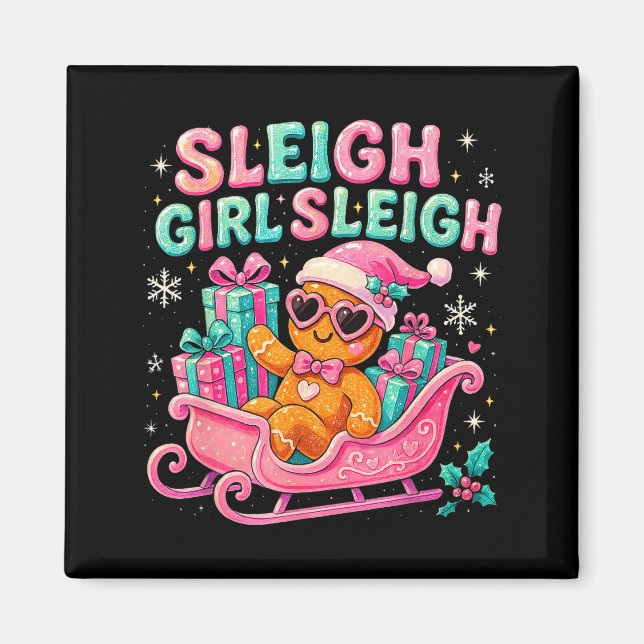 Imán Sleigh Girl Cute Gingerbread Christmas Art  (Frente)