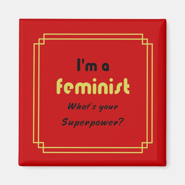 Imán Slogan de superpotencia feminista oro en rojo (Frente)