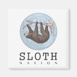 Imán Sloth on Tree and Globe with Sloth Nation Textos