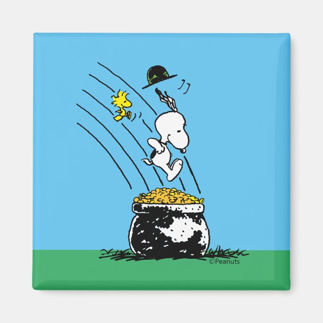 Imán Snoopy saltando a la olla de oro (Frente)