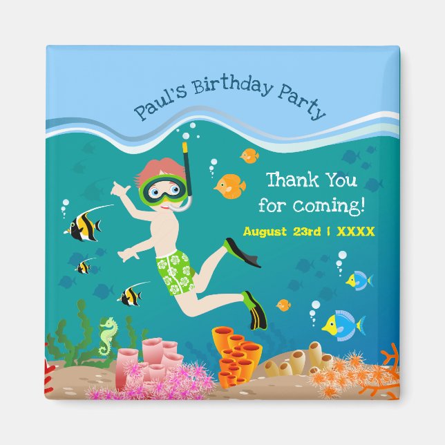 Imán Snorkeling con fiesta de cumpleaños de peces tropi (Frente)