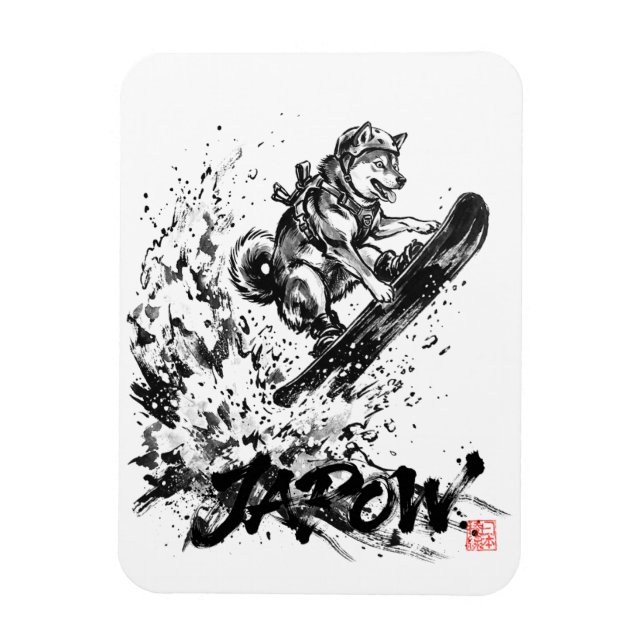 Imán Snowboard Brush Art - Snowboarder Dog Huskey (Vertical)