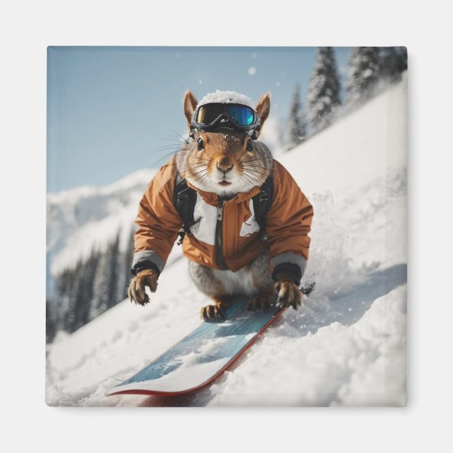 Imán Snowboard Squirrel Wintertime Whimsical Animal (Frente)