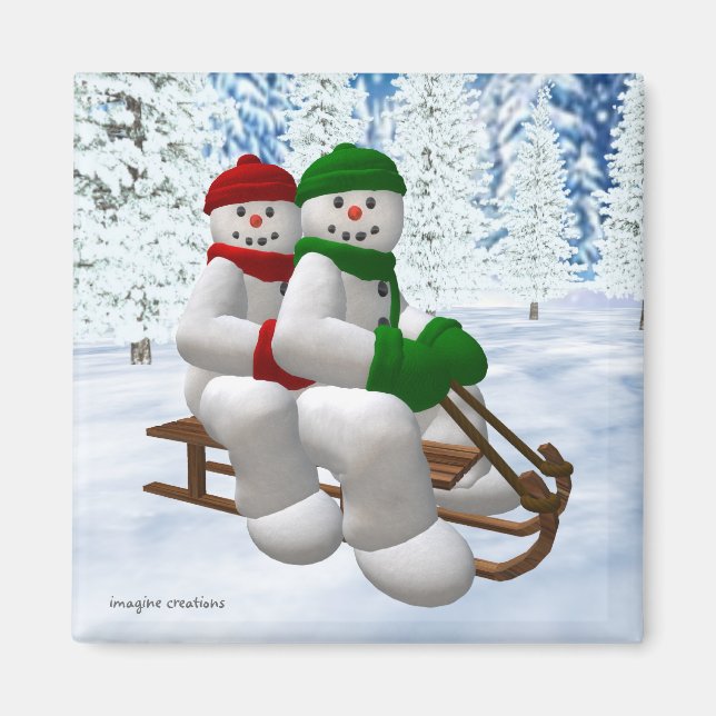 Imán Snowmen de Sledding Vintage (Frente)