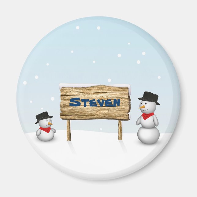 Imán Snowmen lindo con placa de nombre personalizada (Frente)