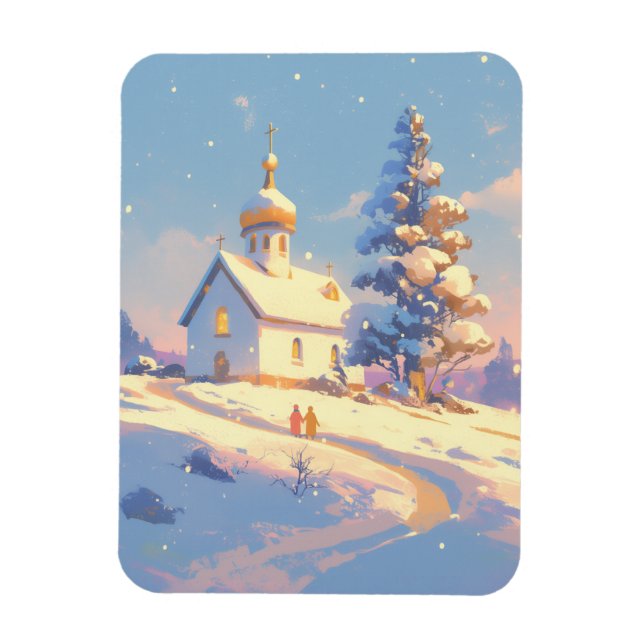 Imán Snowy Christmas Church Scene (Vertical)