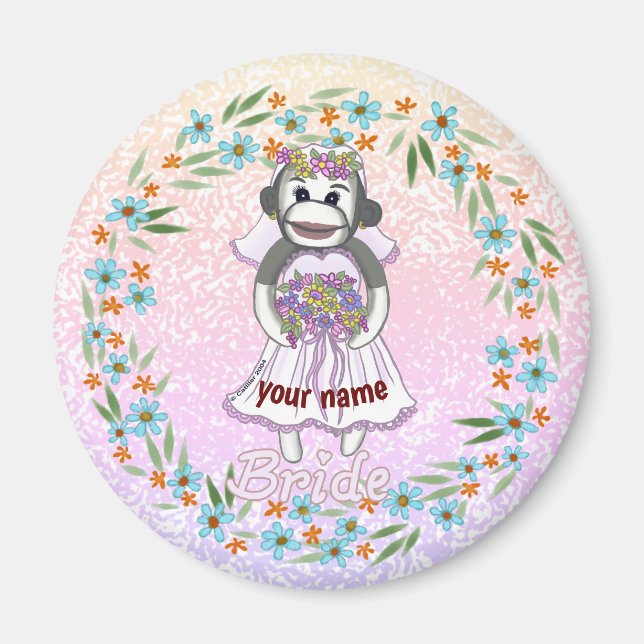 Imán Sock Monkey Bride custom name  (Frente)