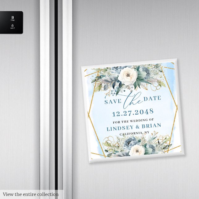 Imán Sofisticado Aviso de Guardar Fecha Peonía Blanca A (Sophisticated Dusty Blue White Peony Save the Date)