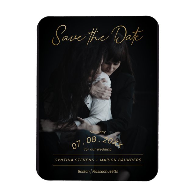 Imán Sofisticado Boda Golden Script Photo LGTB (Vertical)