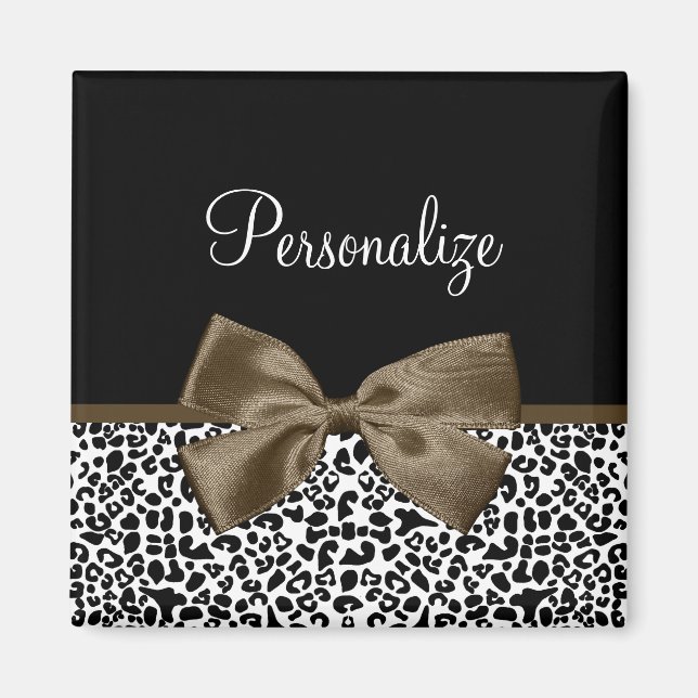 Imán Sofisticado Leopard Print Brown Bow Con Nombre (Frente)