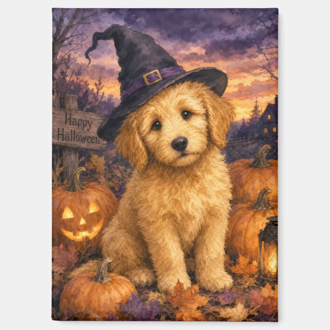 Imán Sombrero de Bruja de Calabaza Goldendoodle (Anverso)