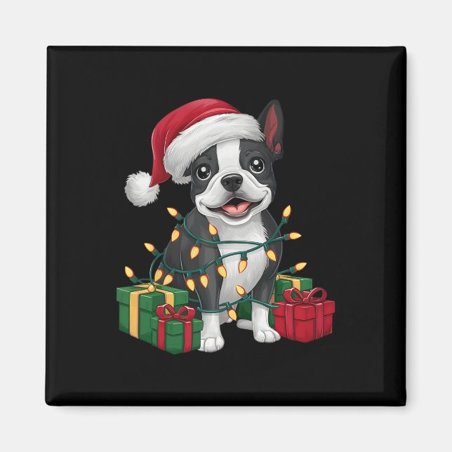Imán Sombrero de Santa Luces de Navidad Perro Boston Te (Frente)