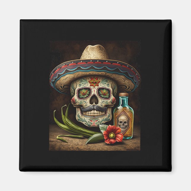 Imán Sombrero de Tequila de Cráneo de Azúcar Mexicano C (Frente)