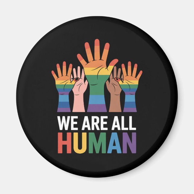 Imán Somos todos arcoíris humano alzando manos Orgullo  (Frente)