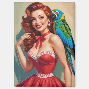 Imán Sonriente Redhead Pin Up y Parrot