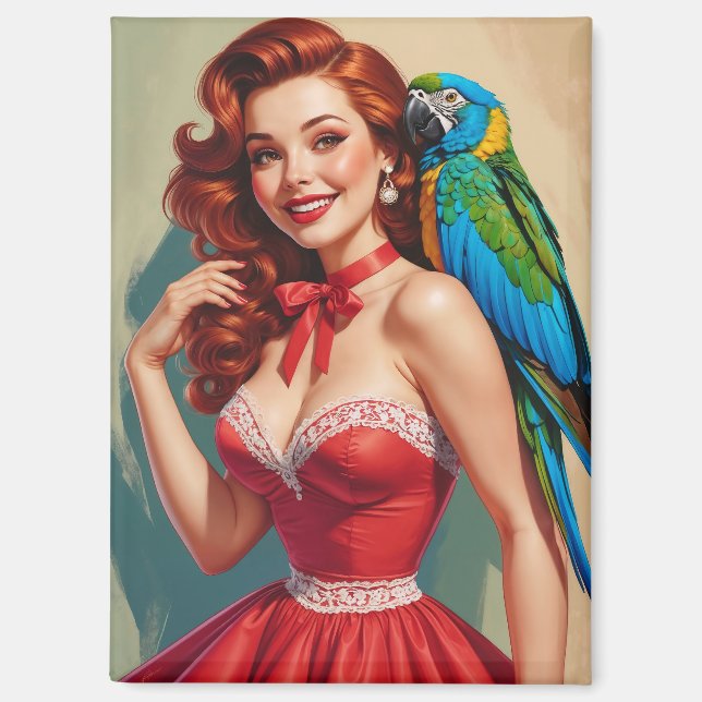 Imán Sonriente Redhead Pin Up y Parrot (Anverso)