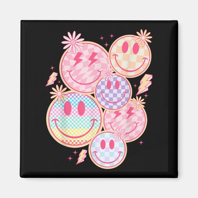 Imán Sonrisa retro Flower Happy Face Checkered Paté (Frente)