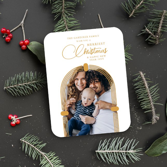 Imán Sophisticated Golden Arch Photo Merriest Christmas (Sophisticated Fake Golden Dome Arch Photo Merriest Christmas Holiday Magnet.)