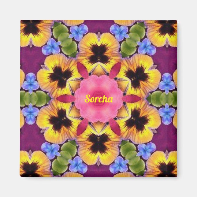 Imán SORCHA ~ Resumen Pansy ~ amarillo morado rosado az (Frente)