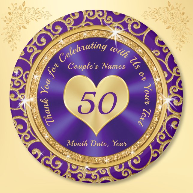 Imán Sorprendente partido del 50 aniversario del oro pú (50 year anniversary party favors. Golden wedding anniversary ideas for parents. Purple Gold Favors.)