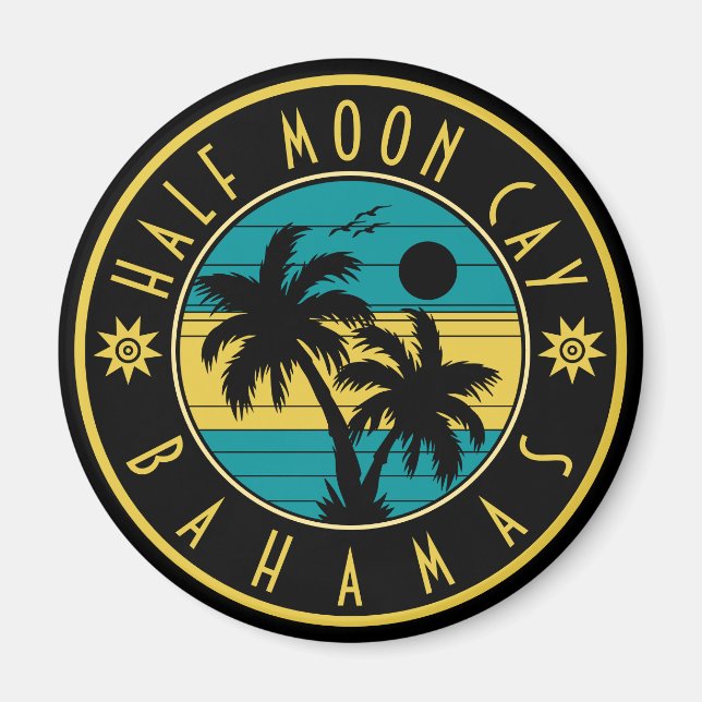 Imán Souvenirs de palmeras retro de media luna Cay Baha (Frente)