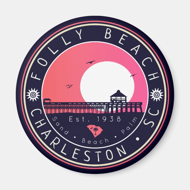 Imán Souvenirs Folly Beach SC Retro Sunset Pier 60 (Frente)