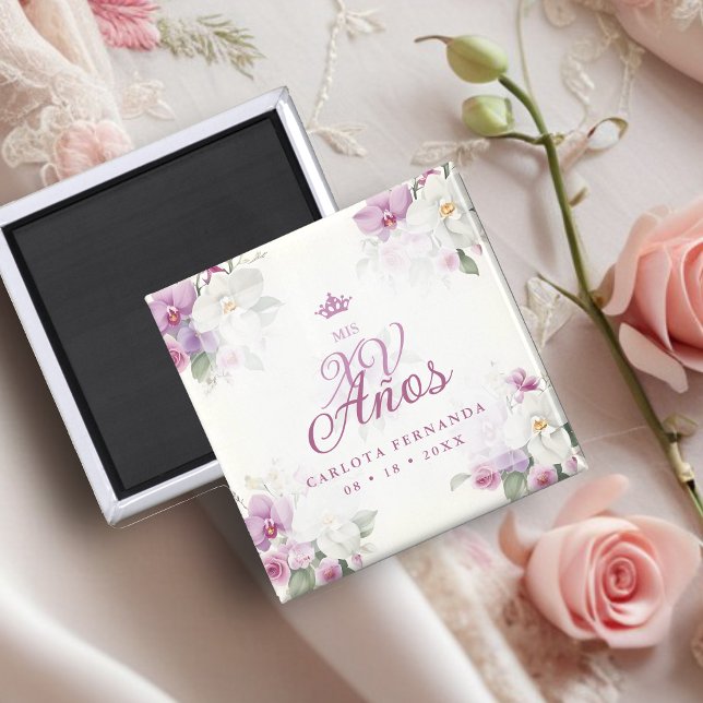 Imán Spanish Mis XV Exquisite Floral Orchids Bouquets (Spanish Romantic Exquisite Floral Orchids Bouquets Mis XV Años Magnet.)