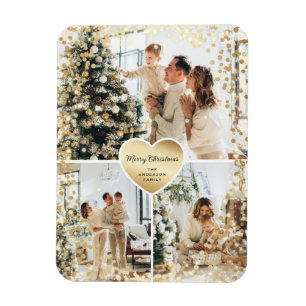 Imán Sparkly Gold Heart Photo Merry Christmas Magnet