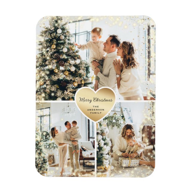Imán Sparkly Gold Heart Photo Merry Christmas Magnet (Vertical)