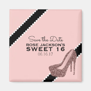 Imán Sparkly Stiletto Heel Sweet 16 Save the Date Pink