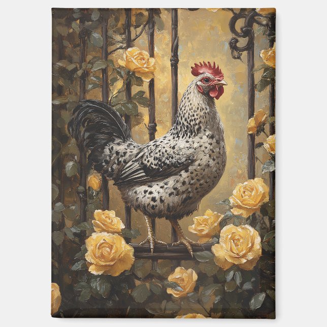 Imán Speckled Hen with Yellow Roses Oil Painting (Anverso)