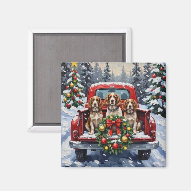 Imán Springer Spaniel Christmas Red Truck Holiday (Anverso/Reverso)