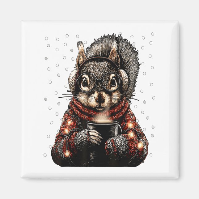 Imán Squirrel With Gles Christmas Lights Funny Coffee W (Frente)