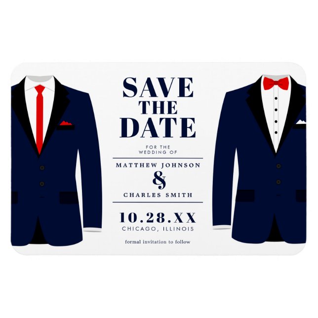 Imán Sr. y Sr. Modern Boda Navy Tux - Salven la fecha (Horizontal)
