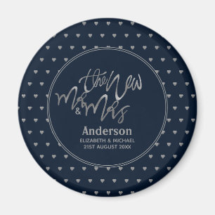 Imán Sr. y Sra. Boda Navy Blue Silver Love Hearts