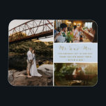 Imán Sr. y Sra. Gracias Collage de fotos Azul y Oro<br><div class="desc">Guión azul y dorado "Sr. y Sra." boda de diseño gracias imanes con tres de sus fotos favoritas de bodas. Muestra a tu familia y amigos tu aprecio por ser parte de la celebración de tu boda con uno de estos hermosos keepsakes. Personalizar con su mensaje corto y sus nombres....</div>