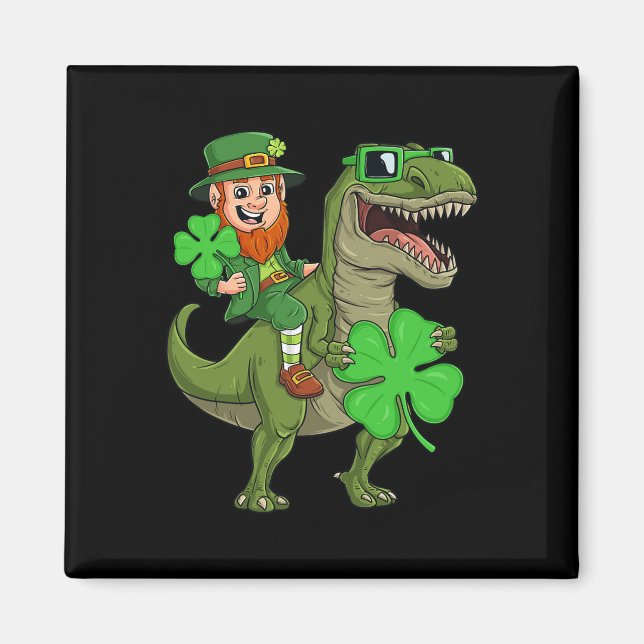 Imán St Patricks Day Leprechaun Riding T Rex Dino B (Frente)