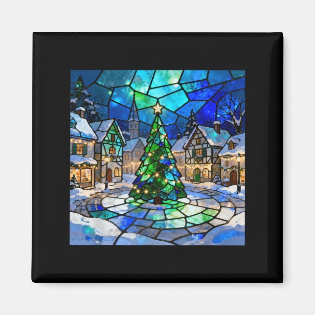 Imán Stained Gl Christmas Tree Winter Village Holiday A (Frente)