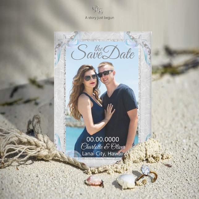 Imán Starfish Beach Dream Boda Photo Magnet (Wedding photo magnet styled with seashells, nautical rope, and diamond ring in the sand.)