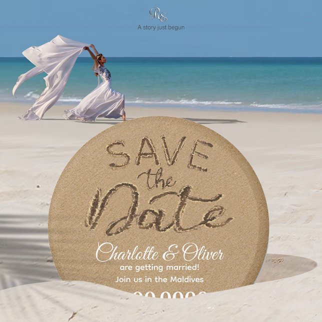 Imán Starfish Beach Save the Date Destination Magnet (Starfish couple Save the Date magnet in sand as the bride gracefully strolls the shore, veil adrift.)
