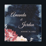 Imán Starry Night Floral Wedding Magnet<br><div class="desc">This Starry Night Floral wedding magnet inspires either a midnight summer theme or a dark winter of snow theme, making it a seasonally versatile design. The navy blue, almost black, watercolor with a celestial star or snowflake filled sky, combined with the pop of minimal pink flowers and calligraphy is sure...</div>