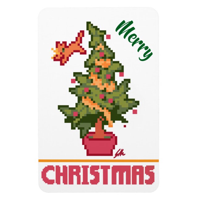 Imán stealing cat, tree, Pixel Art, Merry Christmas  (Vertical)