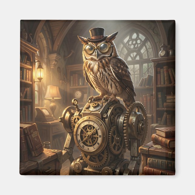 Imán steampunk owl clockwork art magnet (Frente)