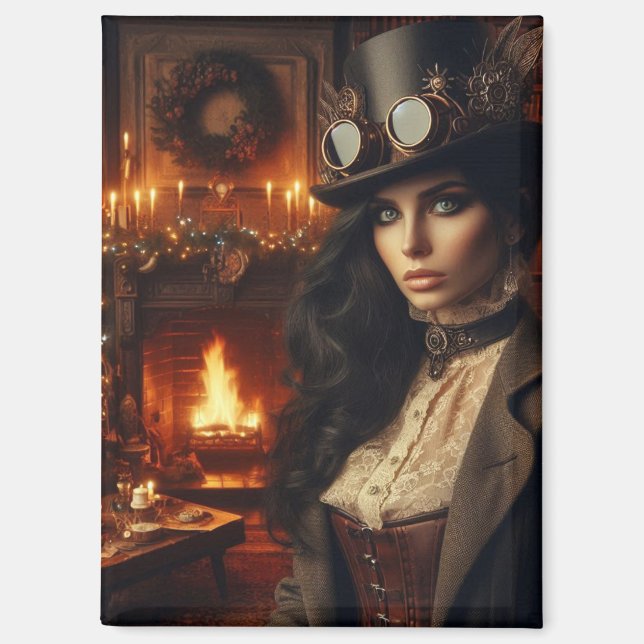 Imán Steampunk Vintage Victoriana Navidades Rojo (Anverso)