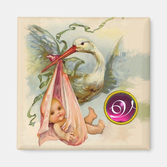 Imán STORK BABY SHOWER 2 MONOGRAM ,ruby (Frente)