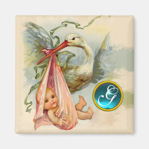 Imán STORK BABY SHOWER 2 MONOGRAM ,turquase