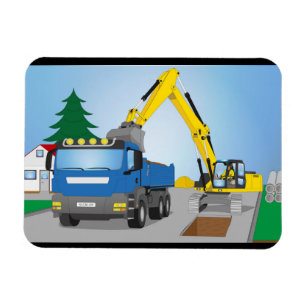 Imán Straßenbaustelle mit blauem LKW und gelben Bagger