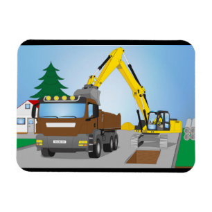 Imán Straßenbaustelle mit braunem LKW und gelben Bagger