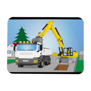 Imán Straßenbaustelle mit weißem LKW und gelben Bagger
