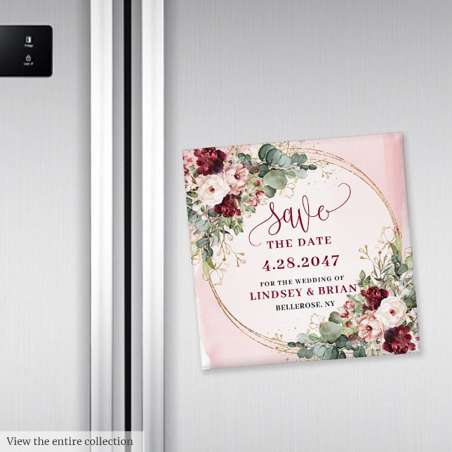 Imán Stylish Boho Merlot Blush Gold Floral Save Date (Stylish Boho Merlot Blush Gold Floral Save the Date Magnet

)